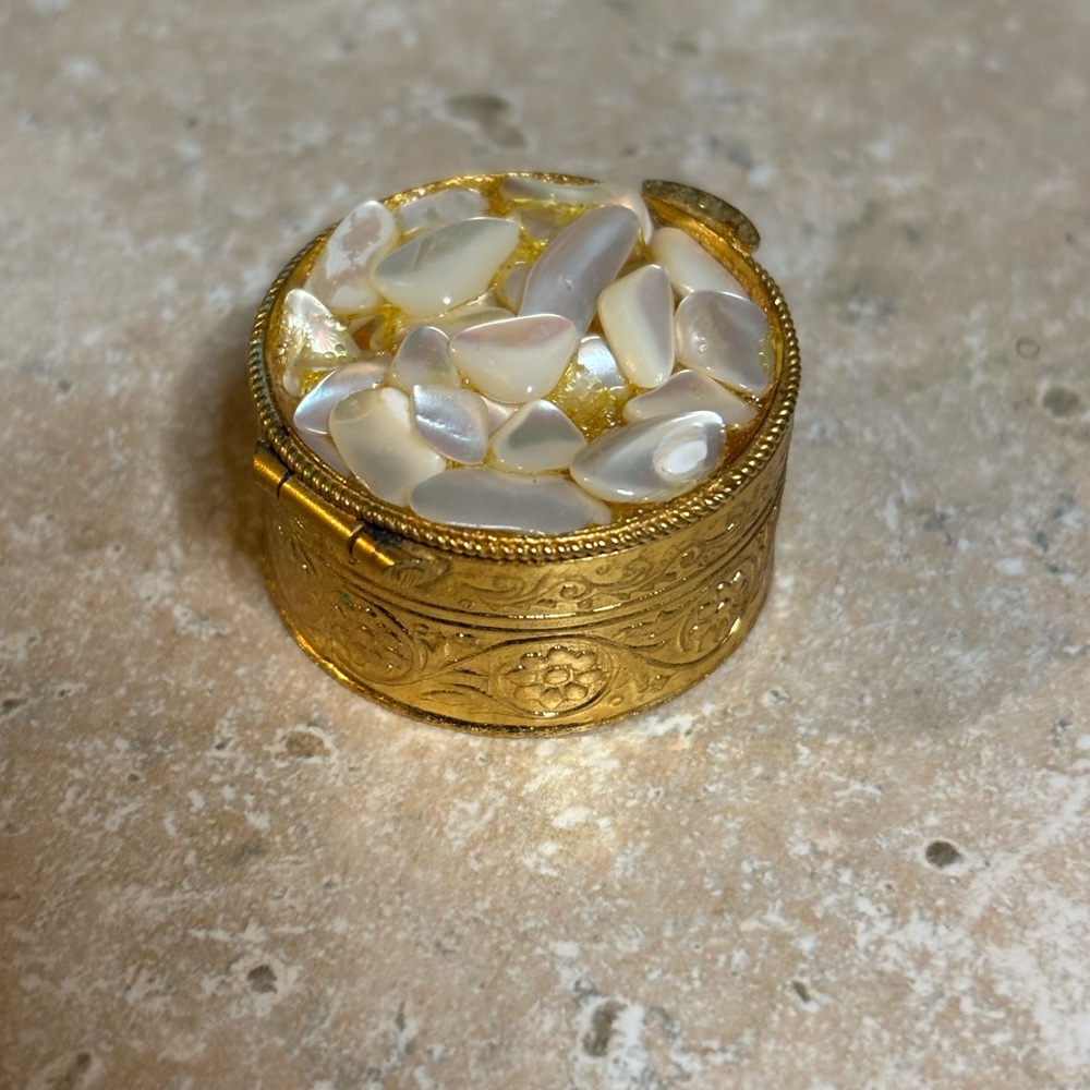 EUC Antique Mini Gold Oval Trinket Box with Mother of Pearl Inlays
